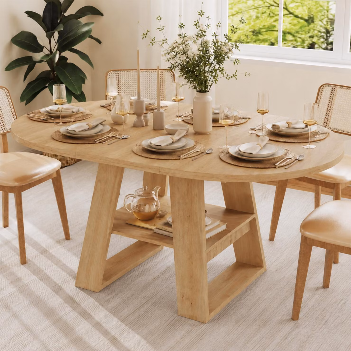 Tavolo allungabile Flieks, dimensioni 110/150 x 110 cm, tavolo da pranzo/tavolo da cucina per 4-6 persone, tavolo rotondo con ripiano, in legno di quercia