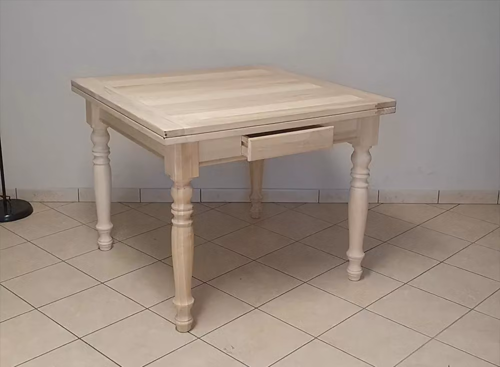 Tavolo quadrato allungabile a libro in legno massello grezzo Mobili 2G L: 100 cm, P: 100 cm, H: 80 cm – 2