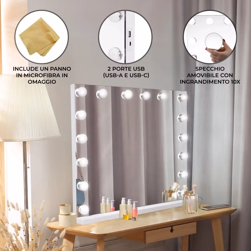 Specchio LED Hollywood MONSTER SHOP Bianco con 3 Luci, Bluetooth, USB, Zoom 10x e Dimmer, L: 80 cm – 2