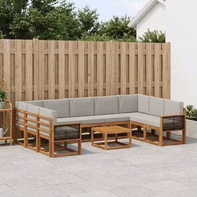 Set di divani da esterno vidaXL in legno di acacia con cuscini, colore marrone e grigio, composto da 10 pezzi con tavolino da caffè e moduli angolari