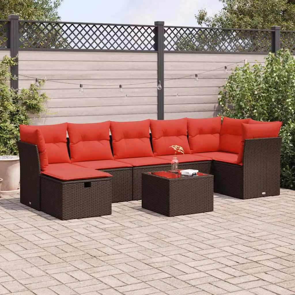 Set Divani da Giardino vidaXL 8 pz in Polyrattan Marrone con Cuscini e Tavolino da Esterno