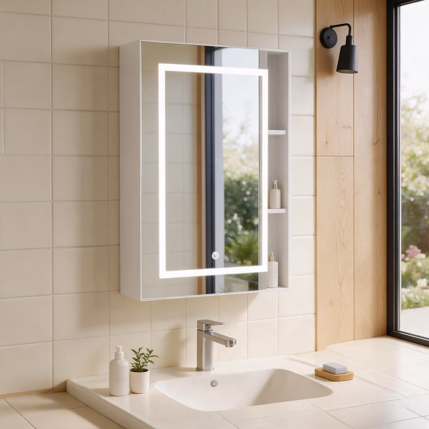 INONEFT, mobiletti da bagno con specchio e illuminazione, armadietto singolo per il bagno con ripiani in vetro regolabili, mobile da parete con specchio, 50x70x12,5 cm, bianco