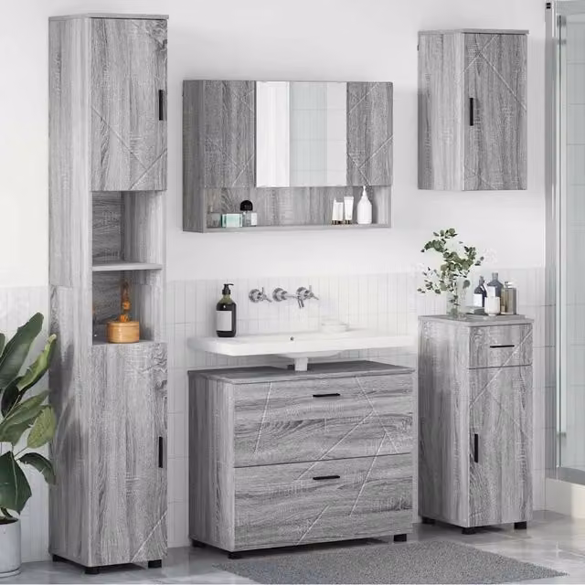 Set di mobili per il bagno moderno vidaXL composto da 5 pezzi in grigio e nero, con vanità, armadietto con specchio, armadietto laterale e colonna, L/P/H: 85,2 x 35,0 x 192,0 cm – 1