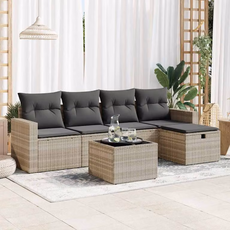 Set Divano da Giardino L-Shape vidaXL in Polyrattan Grigio con Cuscini e Tavolino da 6 Pezzi