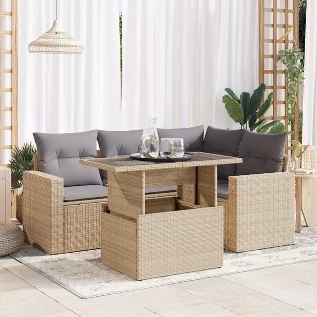 Set Divano da Giardino a L vidaXL in Polyrattan con 5 Pezzi, Cuscini Beige e Tavolino, Design Moderno per Terrazza e Balcone