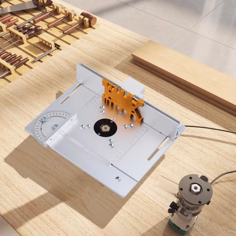 Piastra di inserimento per banco da fresatura in alluminio - Tipo 2 - Con guida per tagli obliqui - Guida con scanalatura a T - Per la lavorazione del legno - Grigio cemento