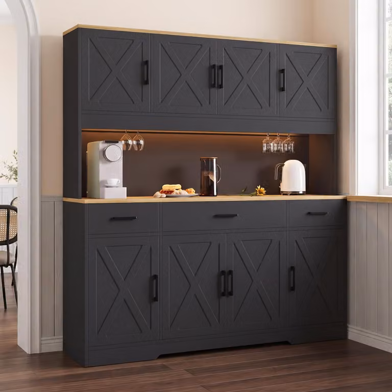Mobiletto alto Flieks con scomparti multistrato, 2 portabicchieri da vino, presa di corrente integrata, striscia luminosa colorata, mobile buffet, credenza, nero e noce