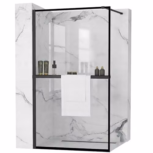 Rea - Parete Doccia Bler 120 Con Mensola Evo Walk In Vetro Temperato Di Sicurezza Trasparente 8 mm (Nero Opaco)