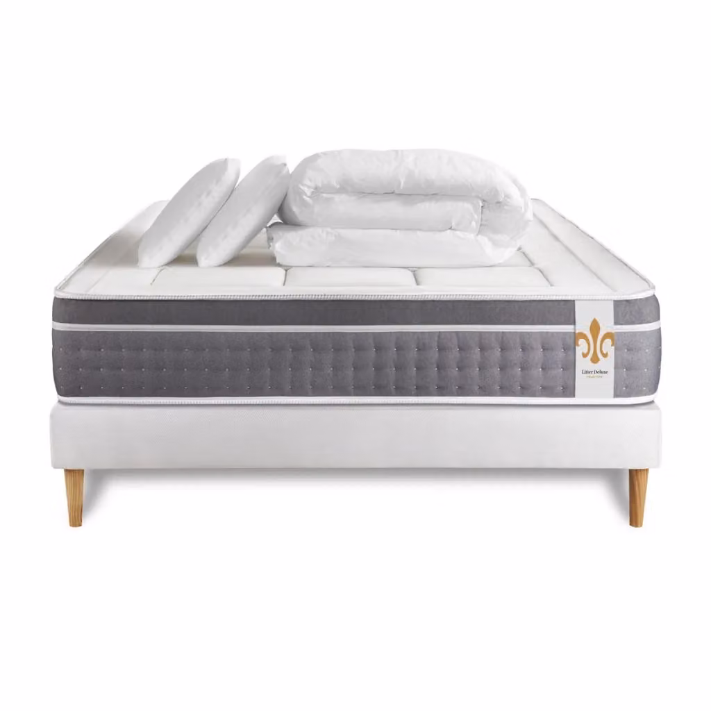 Kit letto completo Litier Deluxe Tradition con materasso ibrido, box spring imbottito, doghe, 2 cuscini e piumino, grigio e bianco, L/P: 200 x 200 cm – 2