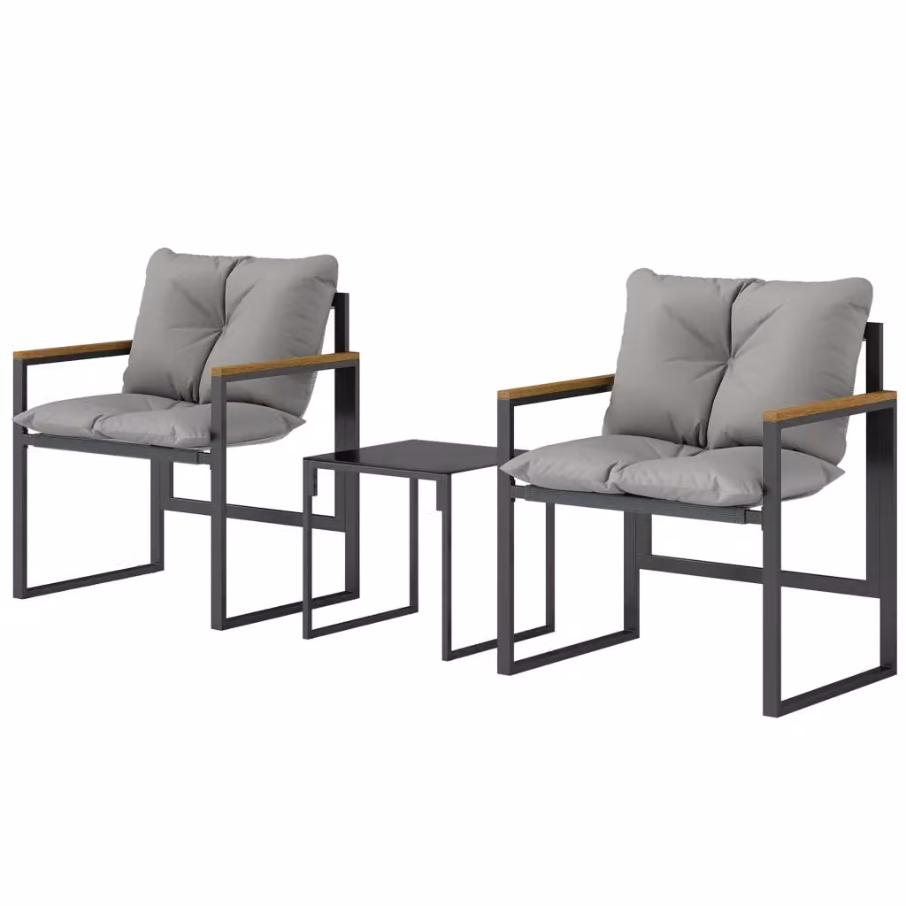 Set salotto da giardino Outsunny Xylo composto da 3 pezzi in polyrattan grigio con tavolino in vetro temperato e cuscini imbottiti – 2