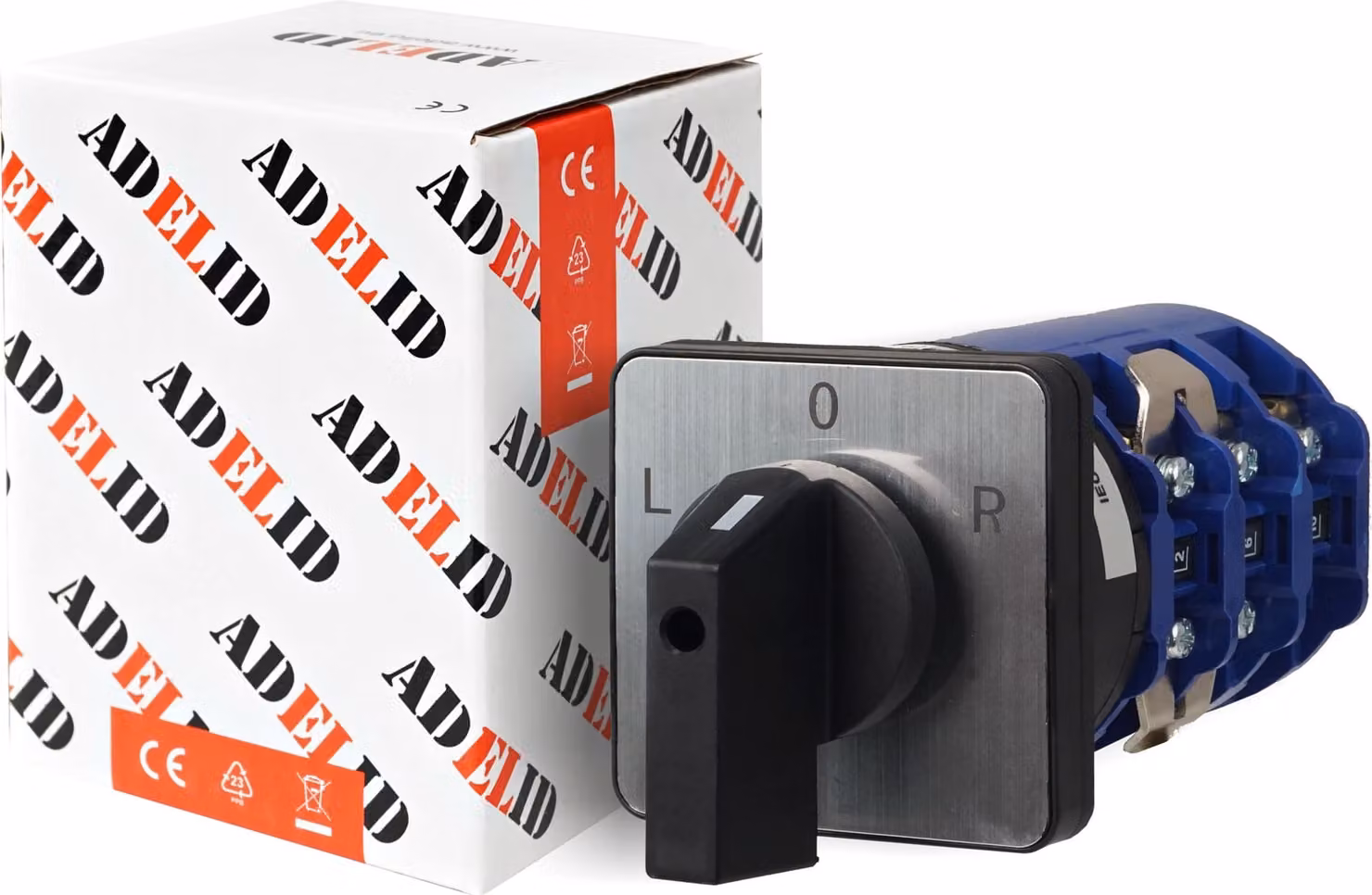 Interruttore a camme, interruttore a scatto, interruttore di inversione, interruttore motore. Funzione: L-0-R (Sinistra-Off-Destra). 3 poli, 3 fasi, 125A