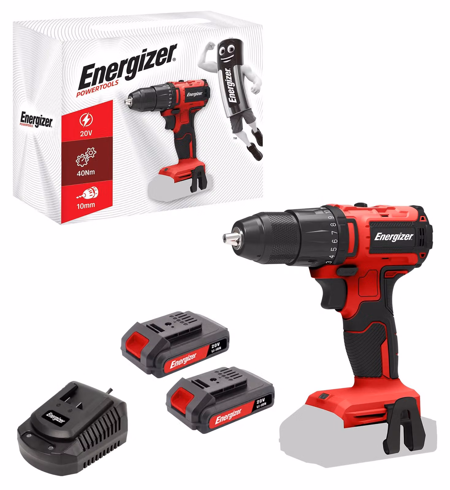 Trapano avvitatore a batteria da 20V, coppia 40 Nm, 2 velocità, include 2 batterie e caricabatterie rapido