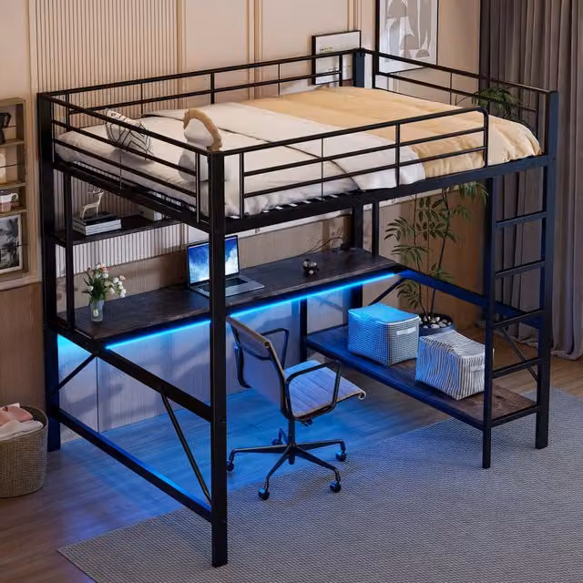 Letto a soppalco REDOM in metallo nero con scrivania, ripiani, illuminazione LED e porta USB, L/P/H: 204 x 140 x 180 cm