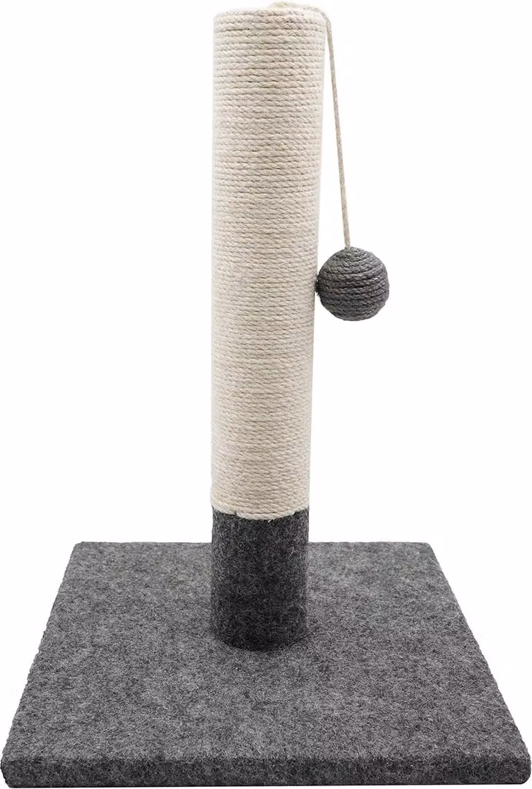 Graffiatoio per gatti 42 cm - Juta e tessuto resistente - Graffiatoio a pompon - Grigio e bianco - Base stabile di 30 x 30 cm