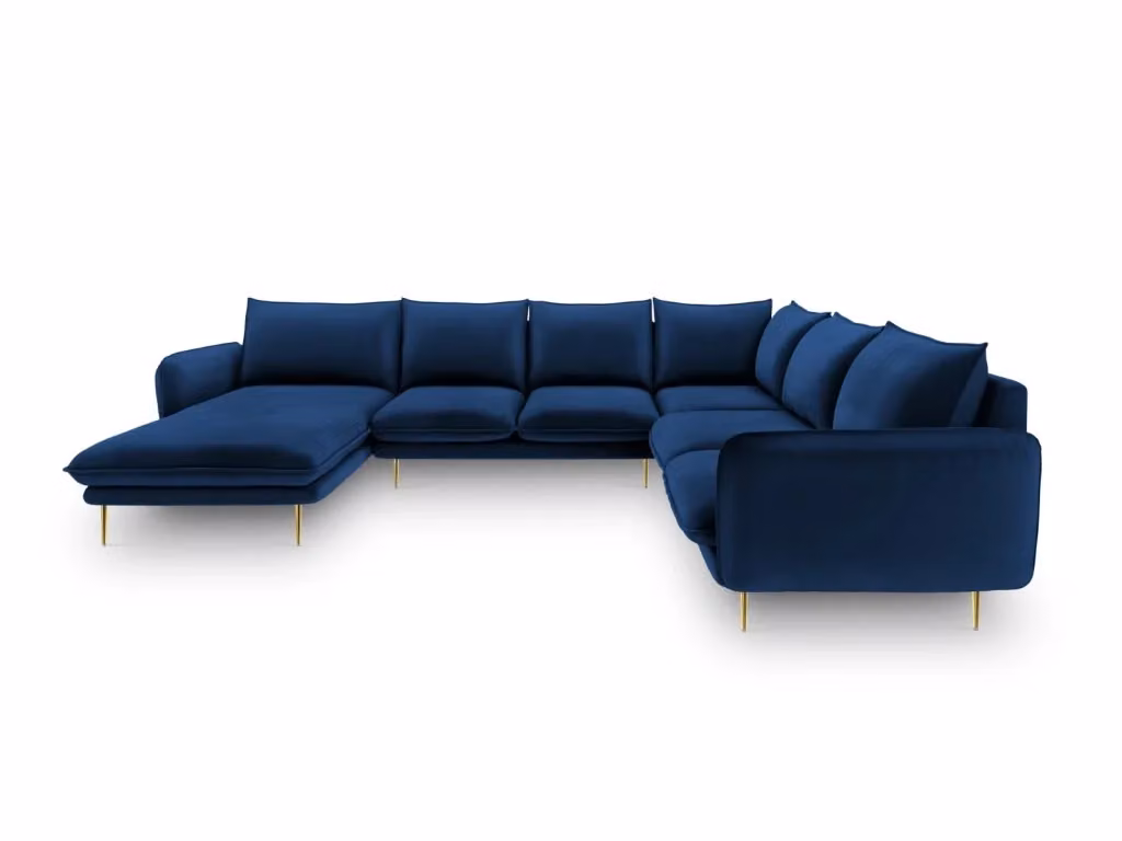 Divano panoramico a U Vienna di Cosmopolitan Design, 7 posti in velluto blu e oro con struttura in metallo, L: 330 cm x P: 158 cm x H: 95 cm – 2