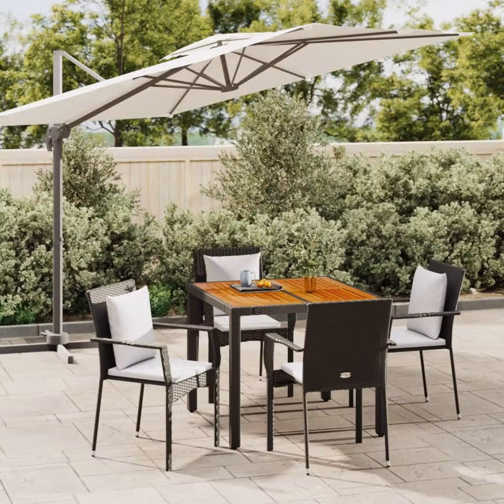 Set da Pranzo da Giardino vidaXL in Polyrattan e Legno di Acacia Nero e Bianco con 5 Pezzi