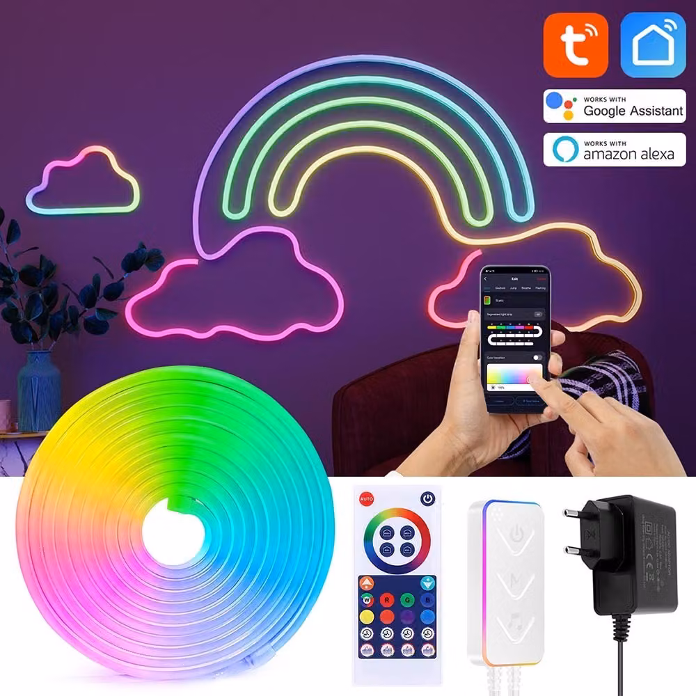 Striscia LED RGB, striscia luminosa LED da 5 m, striscia LED da 24 W, dimmerabile con spina, sincronizzazione con la musica, IP67 impermeabile, compatibile con Alexa e Google Assistant