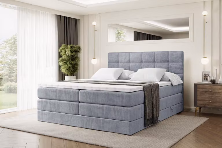 Letto boxspring ALTDECOR con materasso e rete a doghe - BRUGO KING - 200x200 cm - Grigio velluto - Topper, letto imbottito con contenitore, letto con vano portaoggetti H3 e H4 - Materasso, letto matrimoniale, letto boxspring