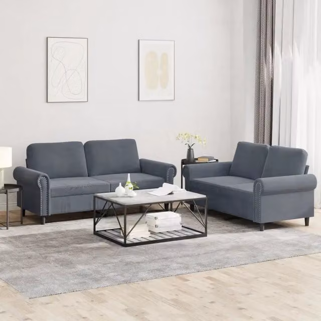 Set di 2 divani vidaXL in velluto grigio con cuscini per soggiorno in stile moderno – 1