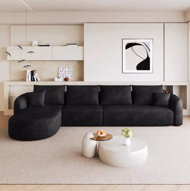 Divano angolare modulare 336×168×85 cm in tessuto nero; senza montaggio