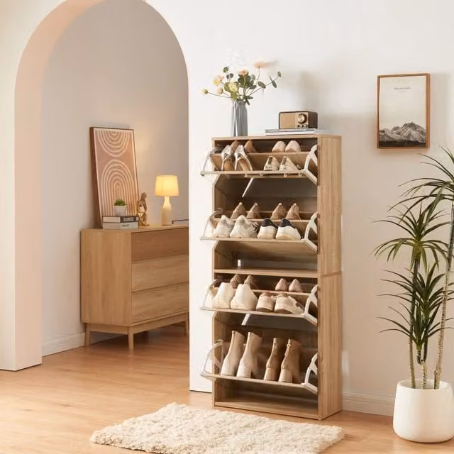 Scarpiera Stretta Lund en.casa con Ante a Specchio e 4 Contenitori Ribaltabili, Colore Marrone, L: 60 cm, H: 134 cm, P: 24 cm