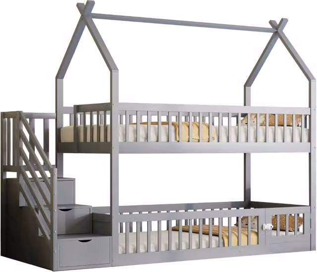 Letto a castello per bambini 90x200 cm con tetto; scala con cassetti in pino massello grigio