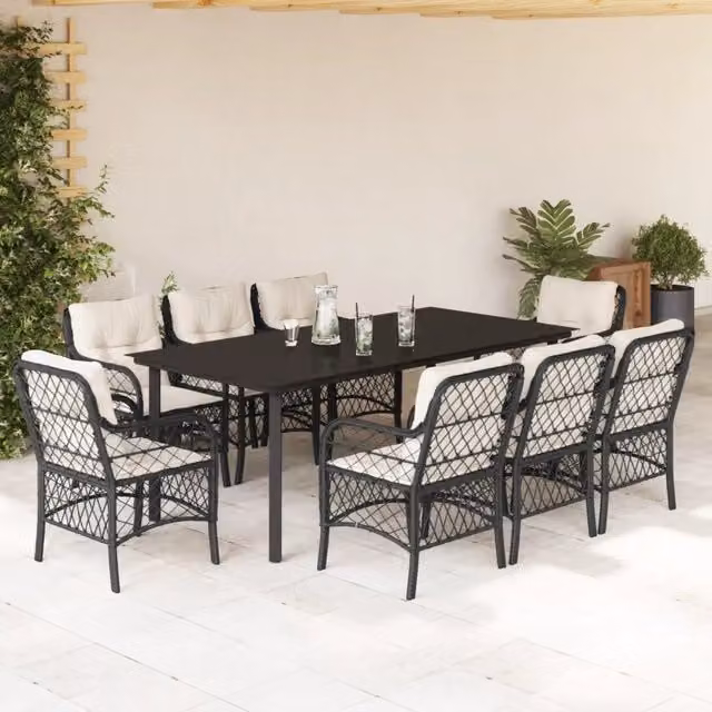 Set da Pranzo da Giardino vidaXL in Polyrattan Nero con Cuscini e Tavolo in Vetro, 9 Pezzi – 1