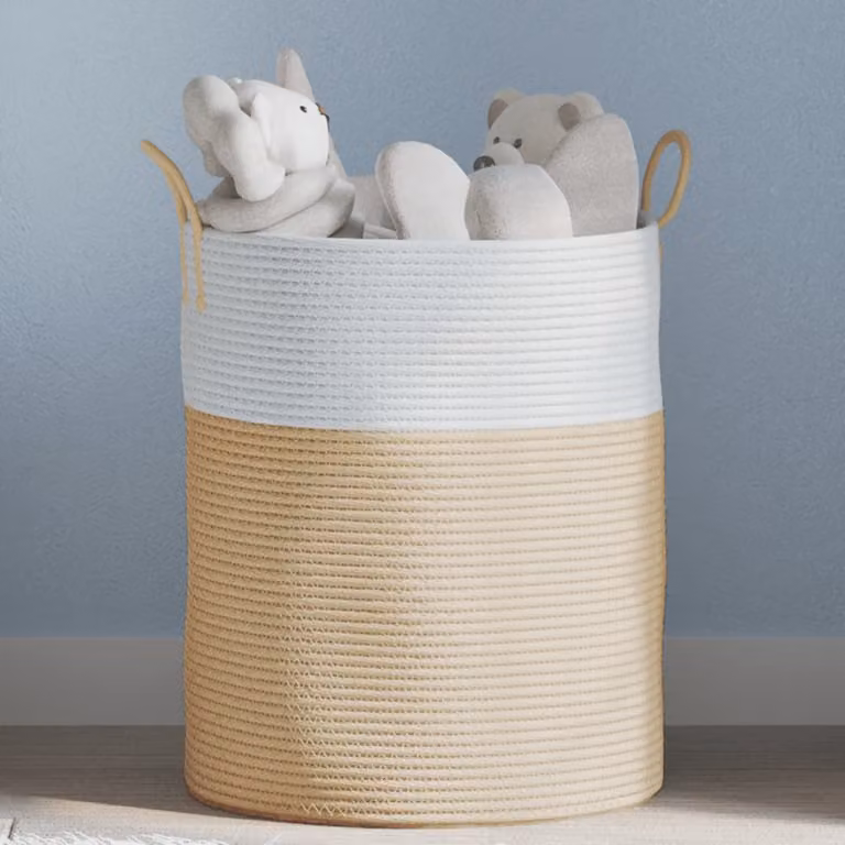Cestino portaoggetti vidaXL in tessuto multicolore beige e bianco con maniglie e trama aperta, Ø 38 x H 46 cm