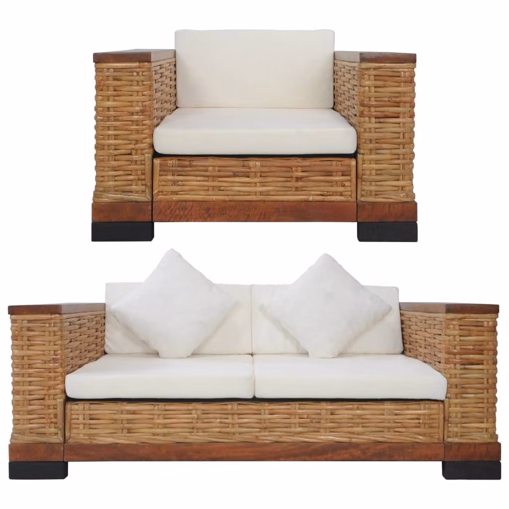 set divano 2 pezzi con cuscini in rattan naturale marrone