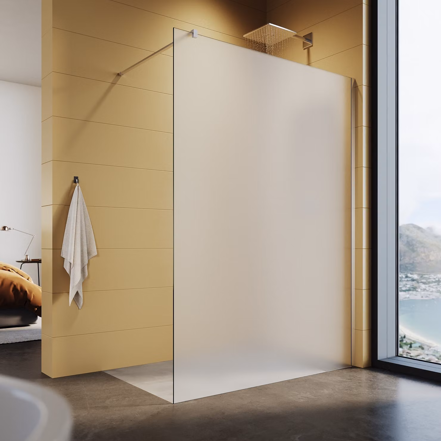 Schermo doccia walk in shower 110x200cm vetro smerigliato cabina doccia schermo doccia 8mm NANO vetro di sicurezza, con barra di supporto, completamente satinato