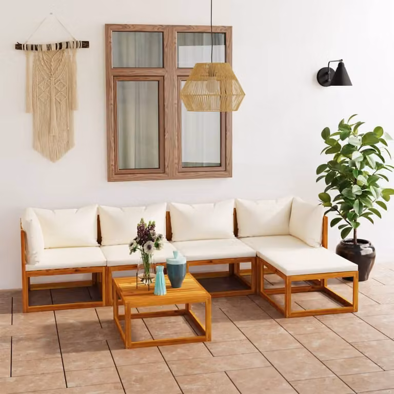 The Living Store Set da giardino da 6 pezzi con cuscini in legno massiccio di acacia color crema