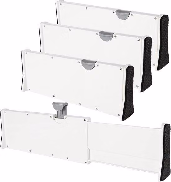 Set di divisori per cassetti Unyqoos® (4 pezzi), regolabili da 27,5 a 44 cm, altezza 10 cm, in plastica, colore bianco opaco – organizer estraibili per cucina, bagno, ufficio, camera da letto