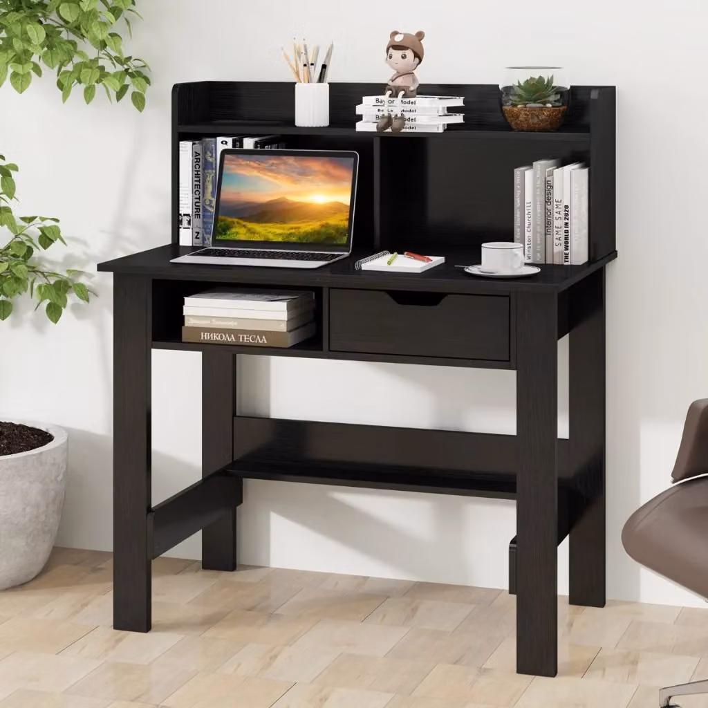 Scrivania da ufficio Design Mania con prese di corrente e porte USB e Tipo C, modello moderno in MDF nero opaco, L: 109,5 cm, P: 56 cm, H: 76,7 cm – 2