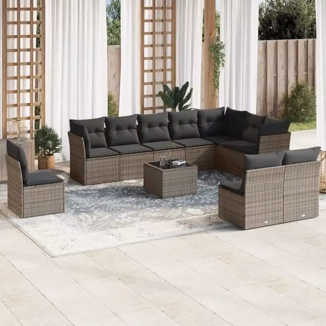 Set di Divani da Giardino VIDAXL in Polyrattan Grigio con Cuscini, 11 Pezzi – 1