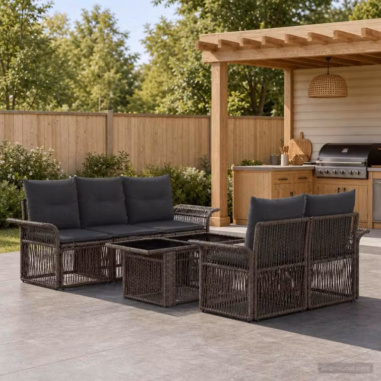 Set Divano da Giardino vidaXL 6 Pezzi in Polyrattan Grigio e Antracite con Tavolino e Cuscini Imbottiti