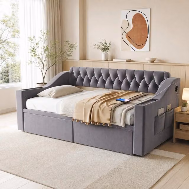 Letto imbottito 90x190 cm grigio in velluto con 2 cassetti e porte USB, senza materasso