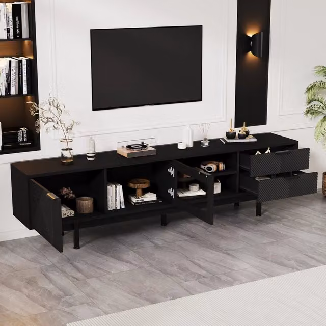 Mobile TV moderno REDOM nero con 2 ante e 2 cassetti L: 200 cm, P: 40 cm, H: 50,5 cm – 1