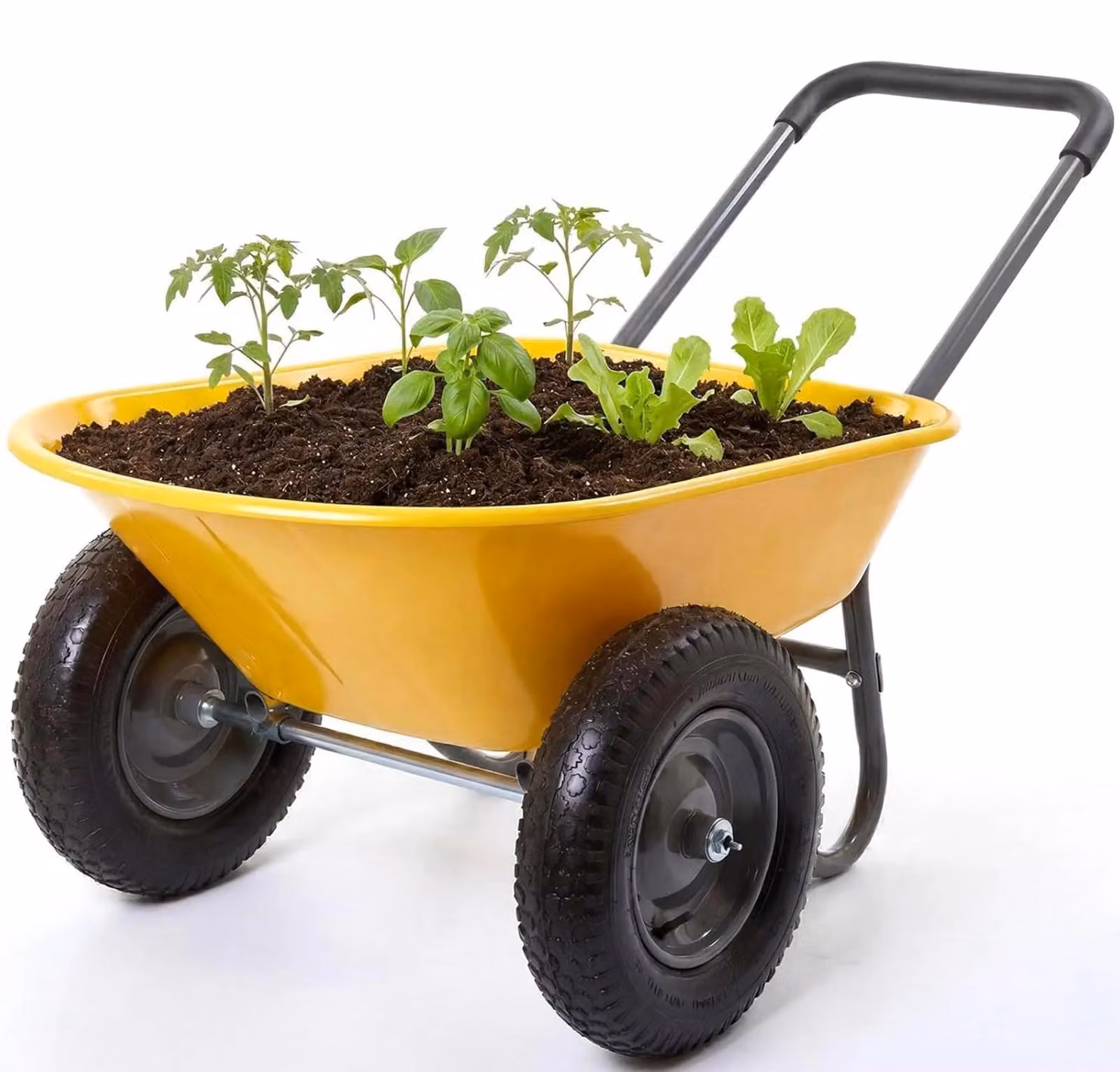 Carrello da giardino - Carriola a doppia ruota - Carrello manuale per carichi pesanti - Robusto telaio in ferro - Carrello da trasporto per cortile e giardino - Giallo