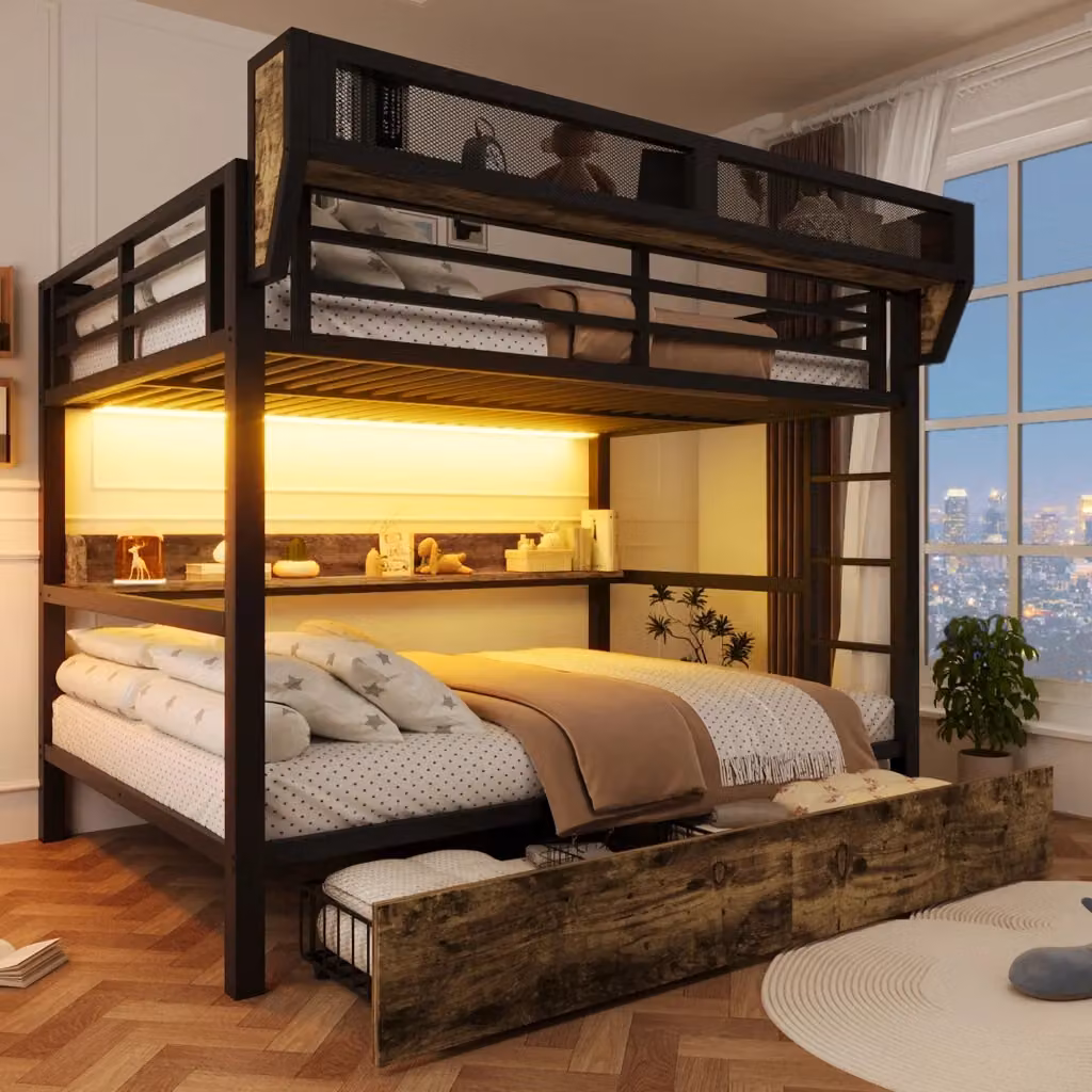 Letto a castello MIVRAY nero con cassetti in metallo e illuminazione LED sottostante L/P: 140 x 200 cm – 2