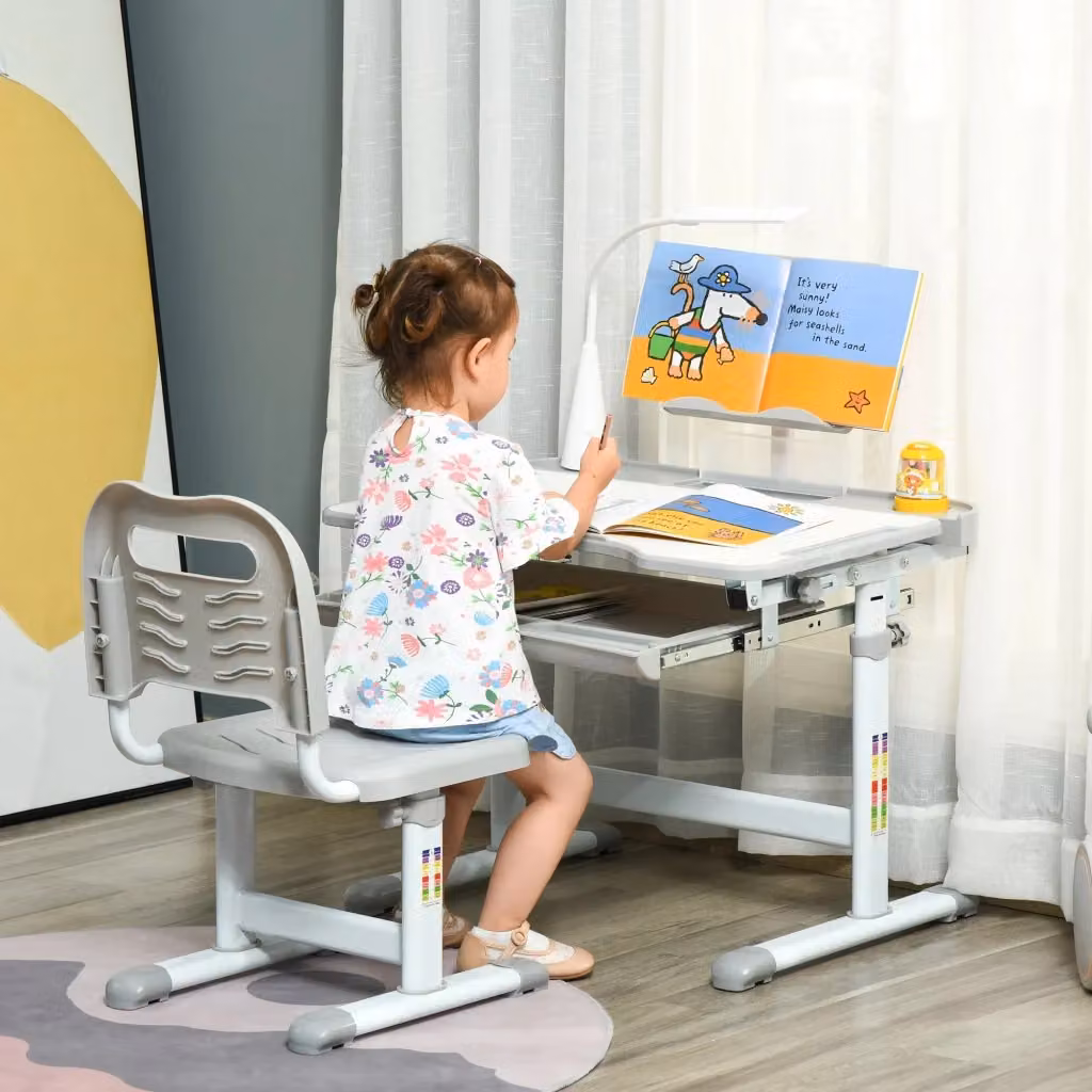 Banco Scuola con Sedia e Leggio per Bambini Grigio GIORDANOSHOP con Piano Inclinabile e Altezza Regolabile – 2