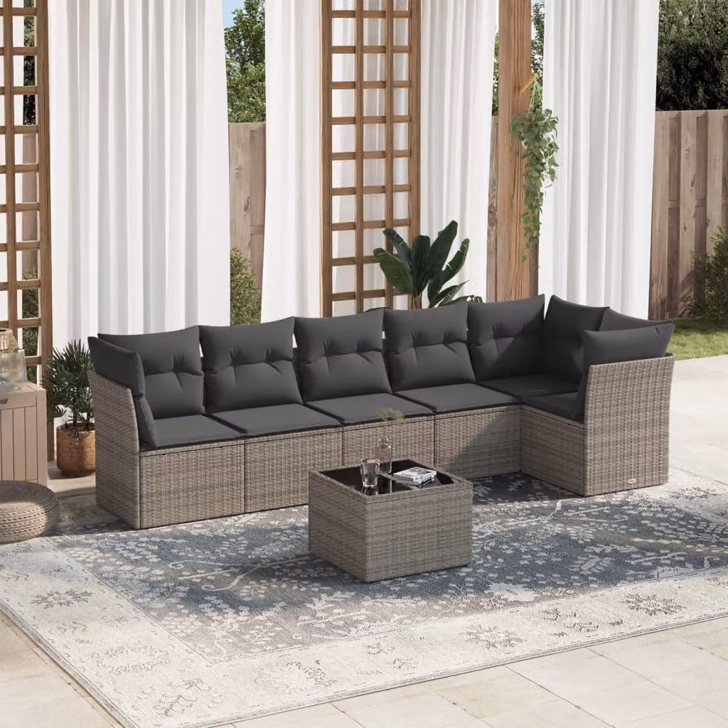 vidaXL Set Divani da Giardino 7 pz in Polyrattan Grigio con Cuscini e Tavolino da Caffè – 1