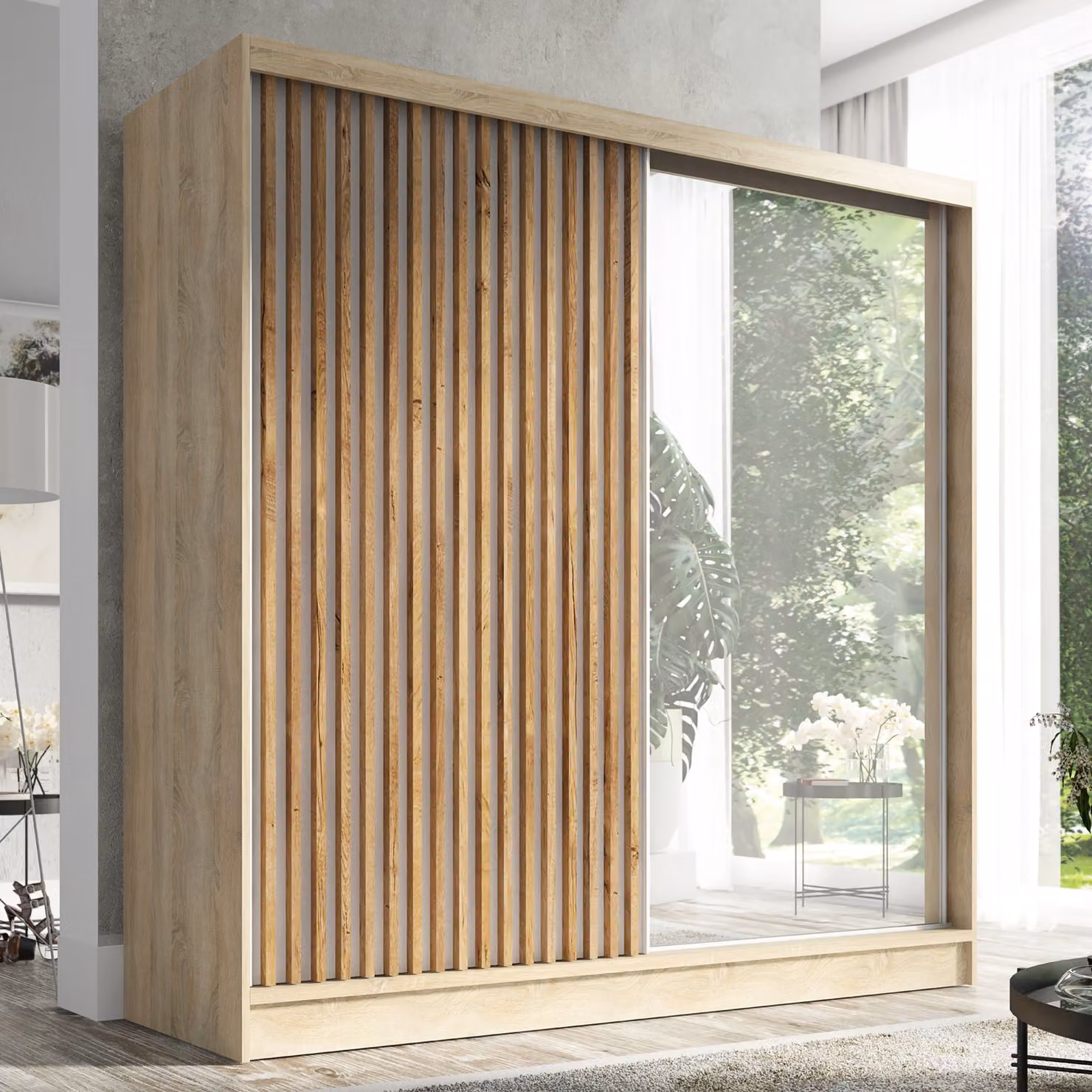Armadio a ante scorrevoli, a 2 ante con specchio e lamelle 3D Premium LINA 200 cm (Sonoma)