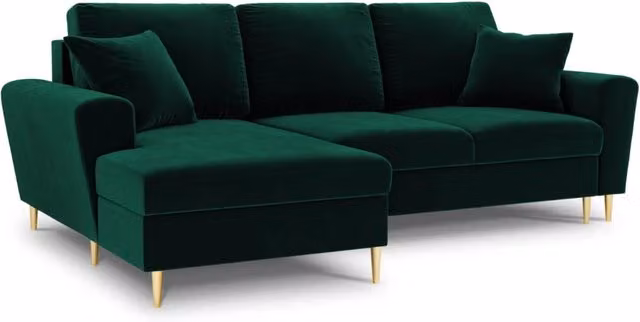 Divano convertibile angolare sinistro con contenitore Kyoto di Cosmopolitan Design, 4 posti in velluto verde bottiglia e oro, L: 241 cm, P: 114,6 cm, H: 88 cm – 1