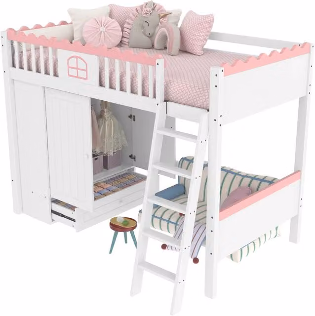 Letto a castello REDOM per bambini in pino bianco e rosa con illuminazione LED e cassetti L/P/H: 205 x 90 x 160,8 cm