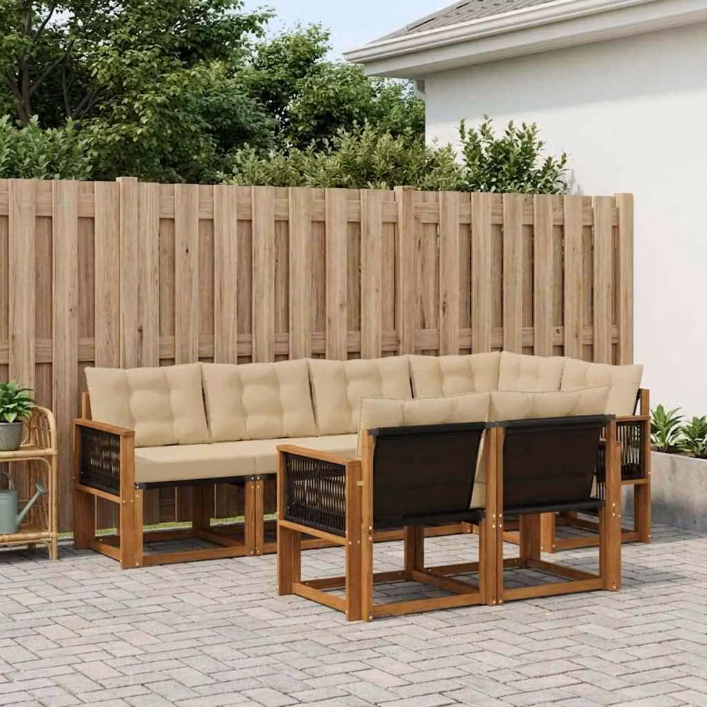 Set di divani da esterno vidaXL 7 pz a forma di L in legno di acacia e tessuto textilene, colore beige e marrone