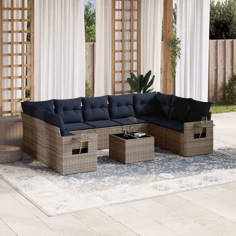 Set Divani da Giardino vidaXL 10 Pezzi con Cuscini e Tavolino, Design Moderno a L con Struttura in Metallo e Polyrattan, Grigio e Blu