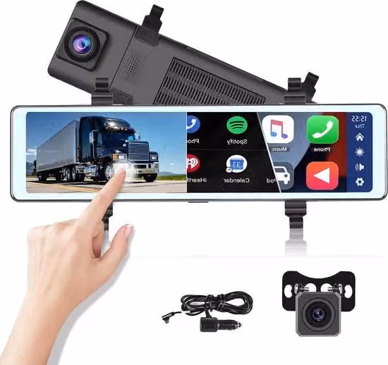 Retrovisore con Dashcam da 11,6 pollici con CarPlay e Android Auto, Display IPS, Registrazione WDR, Bluetooth, FM e AUX, Colore Nero