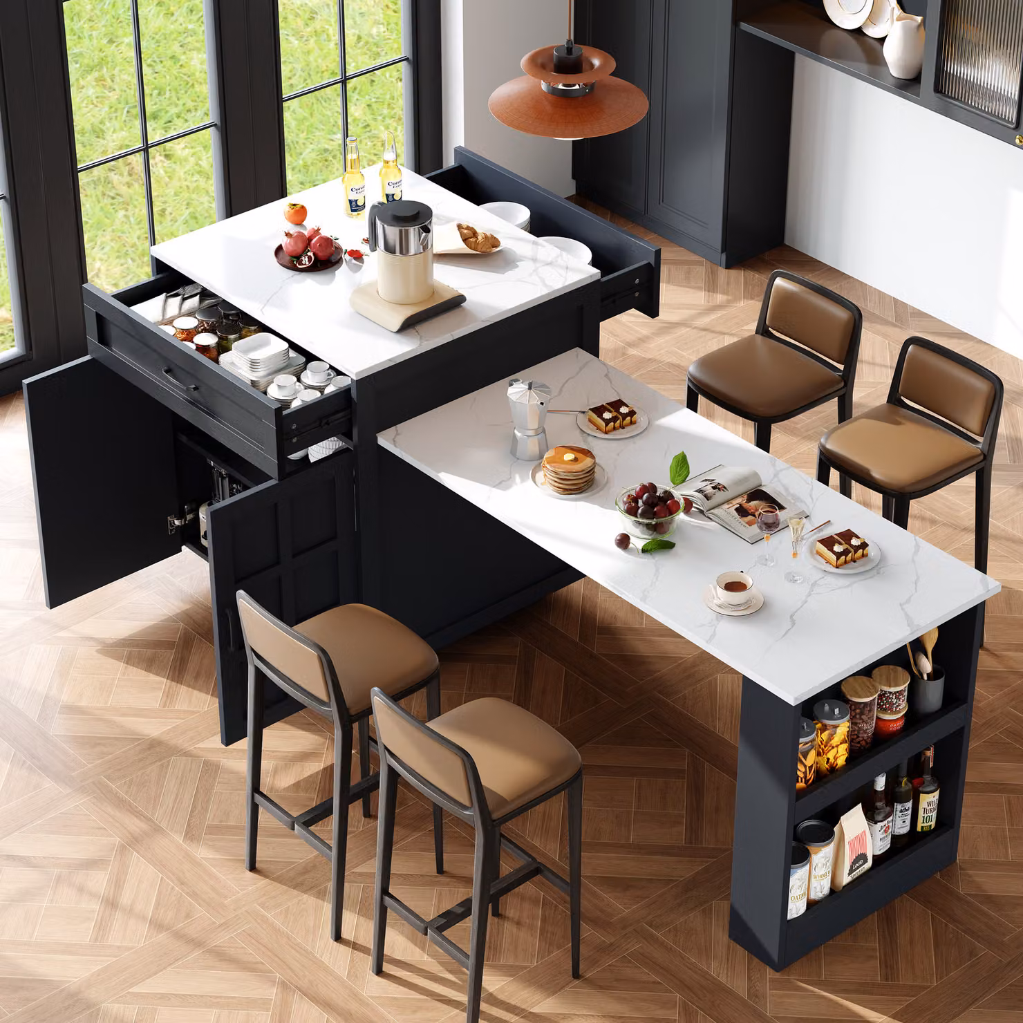 Flieks tavolo da pranzo allungabile tavolo bar, tavolo da cucina con 2 cassetti e 4 scomparti, tavolo da sala da pranzo con spazio di archiviazione, isola da cucina multifunzionale, nero