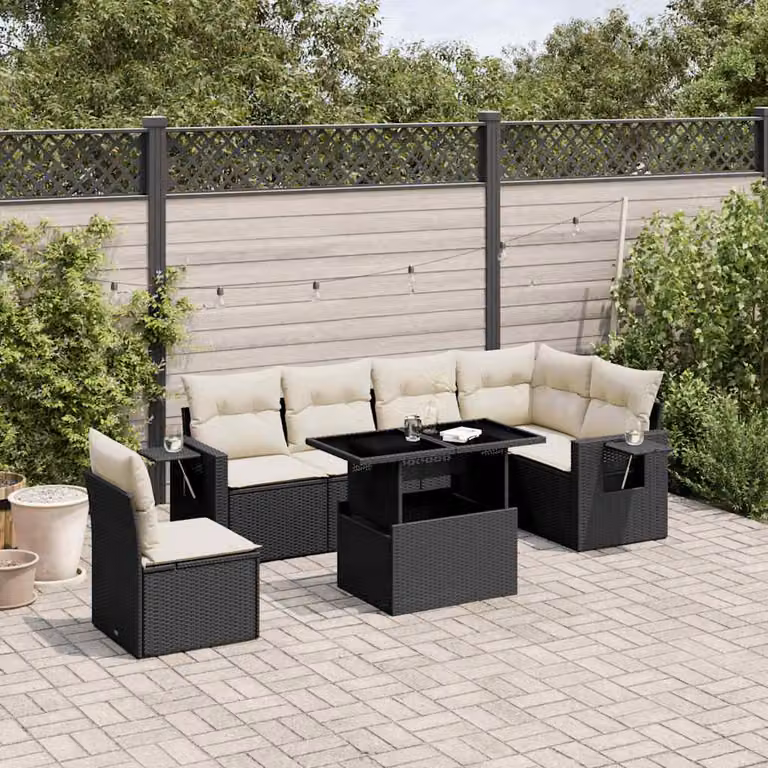 Set Divani da Giardino a L vidaXL in Polyrattan Nero con 7 Cuscini e Tavolino da Esterno