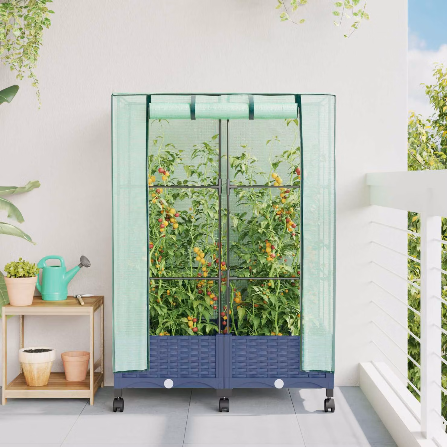Set di 2 vasi da giardino con copertura per serra vidaXL in plastica, colori blu e grigio